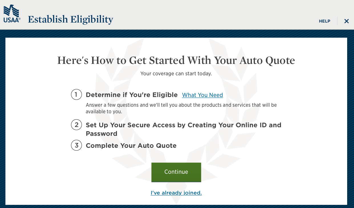 usaa get started with your auto quote page
